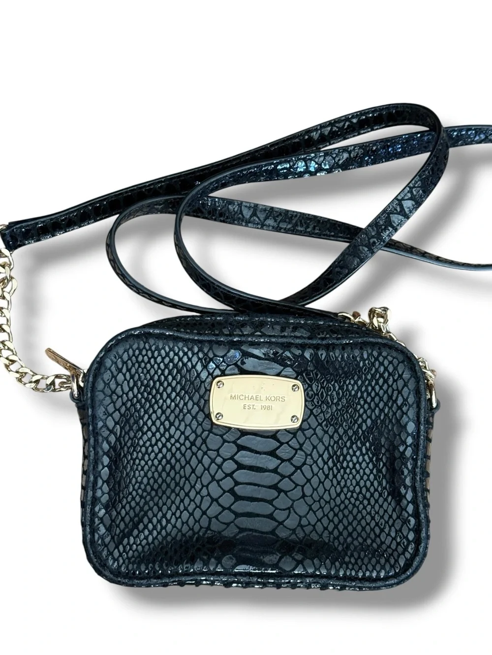 Michael Kors Snakeskin Embossed Black Leather Mini Crossbody Purse Shoulder‎ Ba